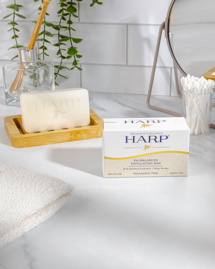 HARP pH-Balanced (5.0-6.0) Exfoliating Body Wash Bar - Fragrance Free. Ground Bamboo Exfoliation the perfect consistency. Soap/Lye/Preservative/Dye/Masking agent-Free