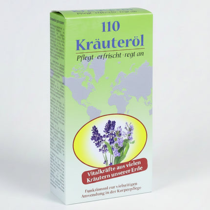 110 Kräuteröl is a concentrated herbal oil made from a blend of carefully selected essential oils traditionally used to provide a refreshing, cooling sensation and promote overall well-being. It can be applied externally for massage, used for inhalation, or added to bath water according to the manufacturer's directions. The invigorating herbal aroma helps refresh the body and mind while providing soothing comfort after physical activity.