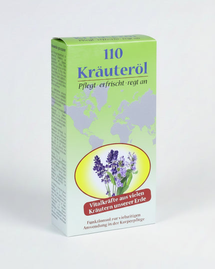110 Kräuteröl is a concentrated herbal oil made from a blend of carefully selected essential oils traditionally used to provide a refreshing, cooling sensation and promote overall well-being. It can be applied externally for massage, used for inhalation, or added to bath water according to the manufacturer's directions. The invigorating herbal aroma helps refresh the body and mind while providing soothing comfort after physical activity.