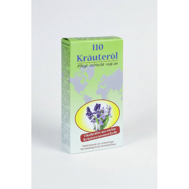 110 Kräuteröl is a concentrated herbal oil made from a blend of carefully selected essential oils traditionally used to provide a refreshing, cooling sensation and promote overall well-being. It can be applied externally for massage, used for inhalation, or added to bath water according to the manufacturer's directions. The invigorating herbal aroma helps refresh the body and mind while providing soothing comfort after physical activity.