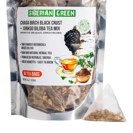 Siberian Green Ginkgo Biloba Tea with Chaga – 50 Tea Bags
