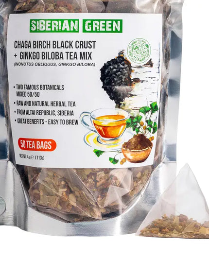 Siberian Green Ginkgo Biloba Tea with Chaga – 50 Tea Bags