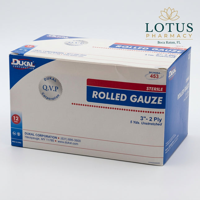 A box of DUKGL sterile rolled gauze, 3"-2 ply, 12 count, shown on a plain white background.