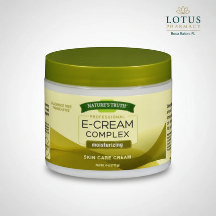 Nature's Truth Professional E-Cream Complex moisturizing skin care cream in a 4 oz white jar with a metallic olive green lid, on a white background.