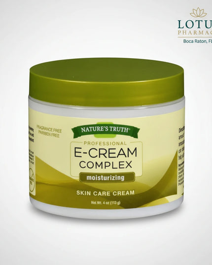 Nature's Truth Professional E-Cream Complex moisturizing skin care cream in a 4 oz white jar with a metallic olive green lid, on a white background.