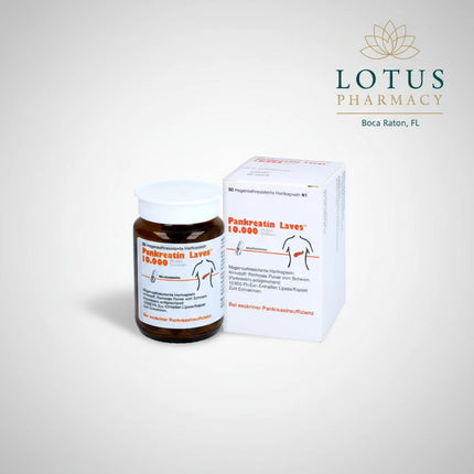 Pankreatin Laves 10,000 is a German pancreatic enzyme medicine containing pancreatin derived from porcine pancreatic tissue. It is used for disorders of exocrine pancreatic function associated with impaired digestion (maldigestion). Each gastro-resistant capsule supplies pancreatic enzymes that help digest fats, carbohydrates, and proteins.