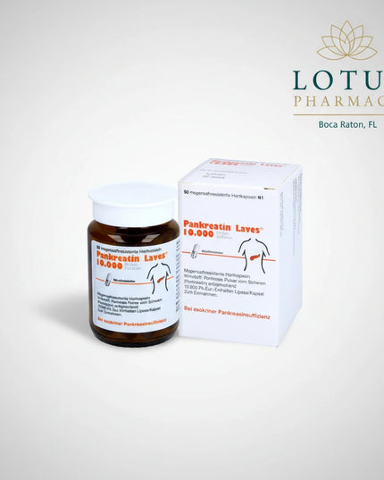 Pankreatin Laves 10,000 is a German pancreatic enzyme medicine containing pancreatin derived from porcine pancreatic tissue. It is used for disorders of exocrine pancreatic function associated with impaired digestion (maldigestion). Each gastro-resistant capsule supplies pancreatic enzymes that help digest fats, carbohydrates, and proteins.