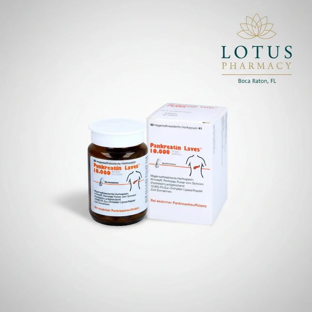 Pankreatin Laves 10,000 is a German pancreatic enzyme medicine containing pancreatin derived from porcine pancreatic tissue. It is used for disorders of exocrine pancreatic function associated with impaired digestion (maldigestion). Each gastro-resistant capsule supplies pancreatic enzymes that help digest fats, carbohydrates, and proteins.
