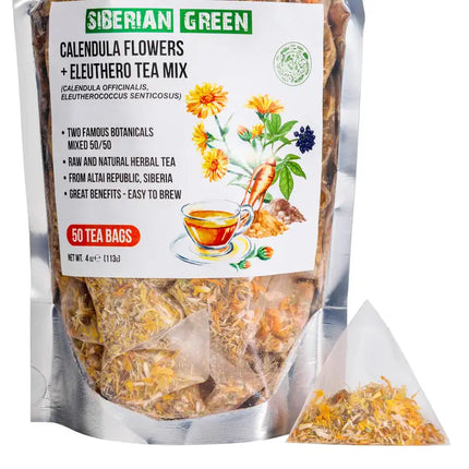 Siberian Tea: Green Eleuthero Root & Calendula Flower Tea – 50 Tea Bags