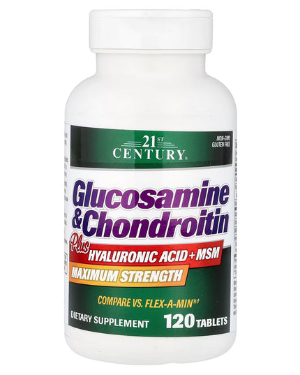 21st Century Glucosamine & Chondroitin Plus Hyaluronic Acid + MSM for Joint & Cartilage Support – 120 Tablets