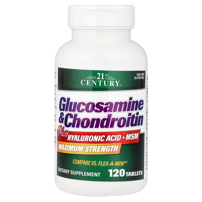21st Century Glucosamine & Chondroitin Plus Hyaluronic Acid + MSM for Joint & Cartilage Support – 120 Tablets