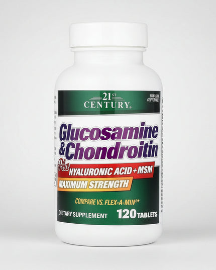 21st Century Glucosamine &amp; Chondroitin Plus Hyaluronic Acid + MSM is an advanced joint support supplement formulated to help maintain healthy cartilage, joint mobility, and connective tissue function. This comprehensive formula combines glucosamine, chondroitin, MSM (methylsulfonylmethane), hyaluronic acid, Boswellia serrata extract, and Vitamin C to provide nutritional support for active lifestyles and aging joints.

The formula is designed to support joint comfort, cartilage structure, and joint lubri