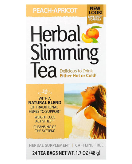 21st Century Herbal Slimming Tea is a flavorful herbal tea collection designed to support digestive wellness and healthy weight-management efforts when combined with a balanced diet and exercise program. This variety pack includes six delicious flavors: Green Tea, Orange Spice, Peppermint, Peach-Apricot, All Natural, and Cranberry-Raspberry. The teas are traditionally formulated with senna leaf and complementary herbs to promote gentle cleansing and digestive support.

The convenient tea bag format makes it
