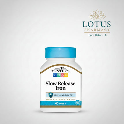 21st Century® Slow Release Iron is a high-potency iron supplement formulated to support healthy iron levels, red blood cell production, oxygen transport, and energy metabolism. Each tablet provides&nbsp;45 mg of elemental iron (equivalent to 142 mg ferrous sulfate) in a slow-release formula designed to be gentler on the digestive system than traditional iron supplements. It is comparable to Slow Fe® and is commonly used to help maintain adequate iron intake. by a healthcare professional Compare to Slow Fe® 