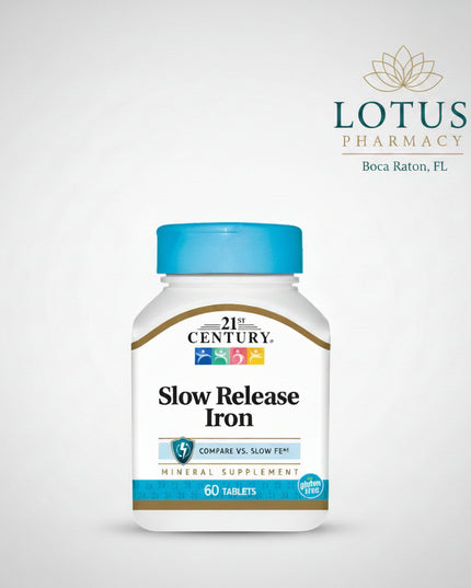 21st Century® Slow Release Iron is a high-potency iron supplement formulated to support healthy iron levels, red blood cell production, oxygen transport, and energy metabolism. Each tablet provides&nbsp;45 mg of elemental iron (equivalent to 142 mg ferrous sulfate) in a slow-release formula designed to be gentler on the digestive system than traditional iron supplements. It is comparable to Slow Fe® and is commonly used to help maintain adequate iron intake. by a healthcare professional Compare to Slow Fe® 