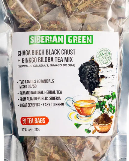 Siberian Green Ginkgo Biloba Tea with Chaga – 50 Tea Bags