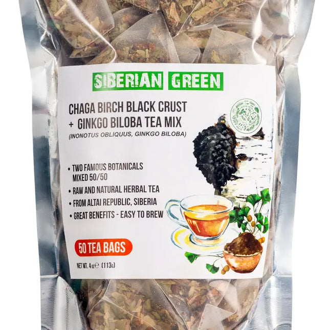 Siberian Green Ginkgo Biloba Tea with Chaga – 50 Tea Bags