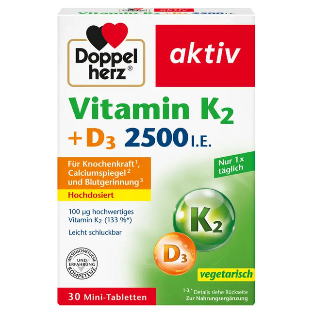 Doppelherz Vitamin K2 + D3 supplement packaging on a white background