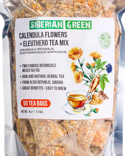 Siberian Tea: Green Eleuthero Root & Calendula Flower Tea – 50 Tea Bags