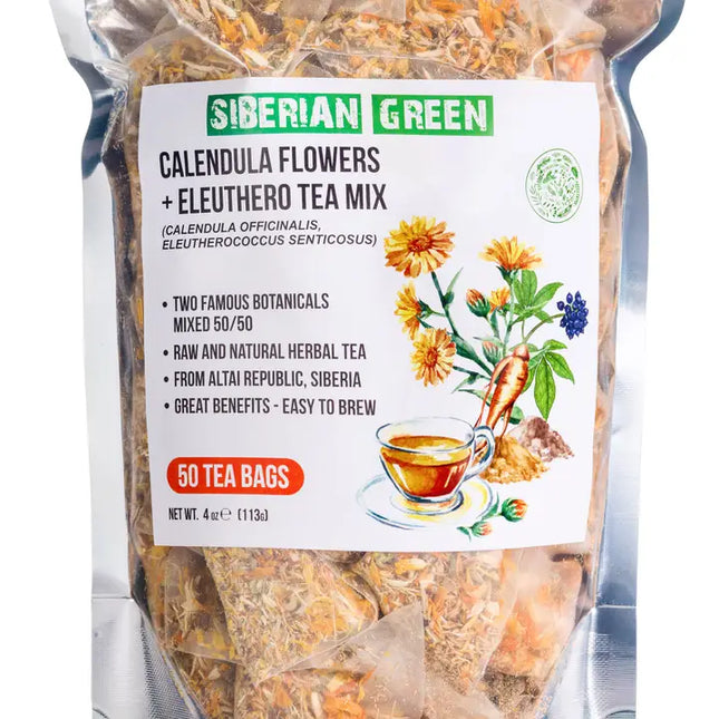 Siberian Tea: Green Eleuthero Root & Calendula Flower Tea – 50 Tea Bags