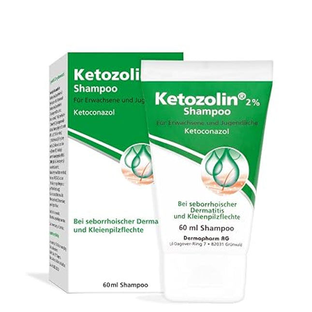 Ketozolin shampoo packaging with green and white design on a white background