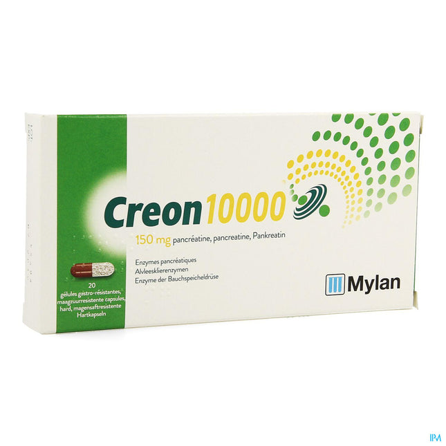 A box of Creon capsules, which are used for pancreatic exocrine insufficiency, with 20 capsules inside.
