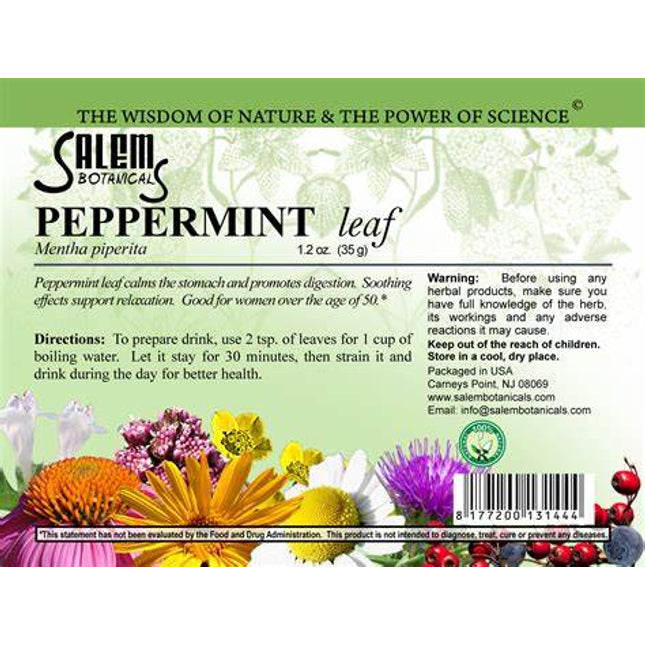 Salem Botanicals peppermint leaf packaging with floral design and text.