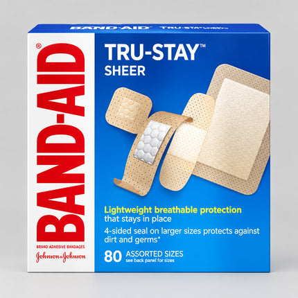 BAND-AID® Brand Tru-Stay™ Sheer Bandages – Assorted Sizes, 80 Count