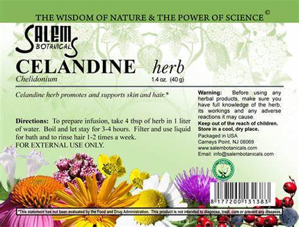 Salem Botanicals Celandine herb packaging with floral design and text.