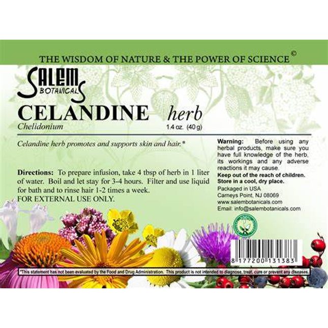 Salem Botanicals Celandine herb packaging with floral design and text.