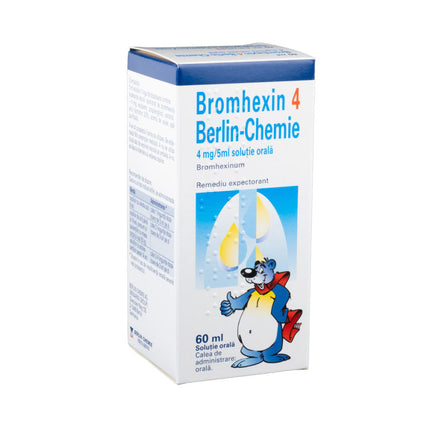 Bromhexin 4 Berlin-Chemie packaging with a cartoon character on a white background