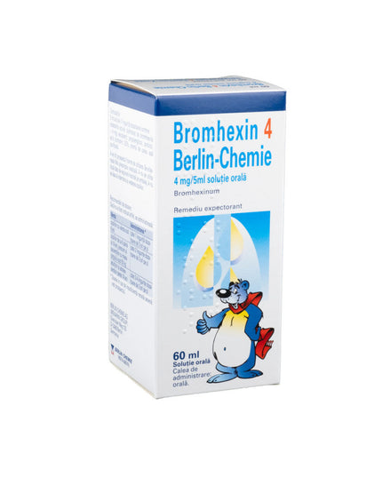 Bromhexin 4 Berlin-Chemie packaging with a cartoon character on a white background