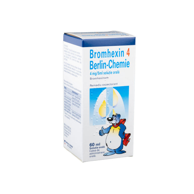 Bromhexin 4 Berlin-Chemie packaging with a cartoon character on a white background
