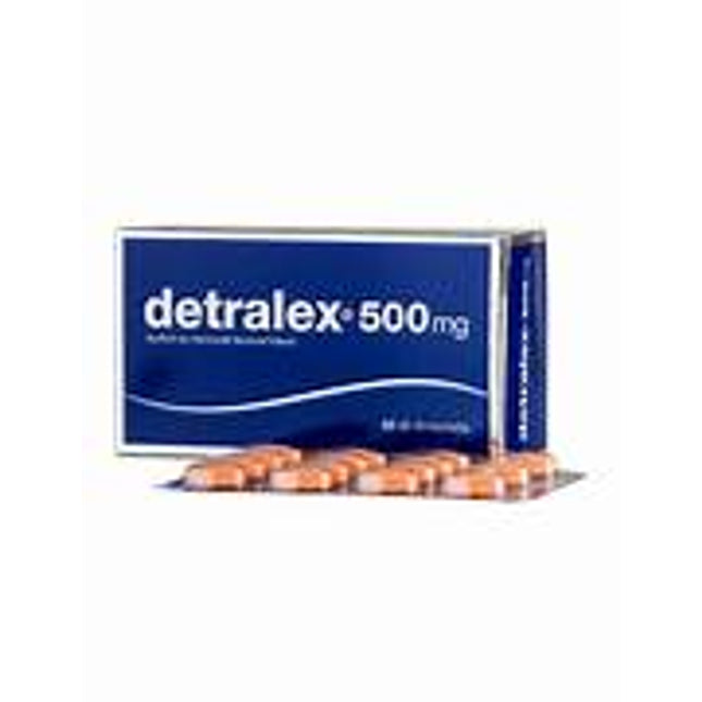 Box of Detralex 500 mg tablets with a blue and white design.