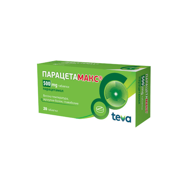 Green box of Paracetamol Max with Teva logo on a white background