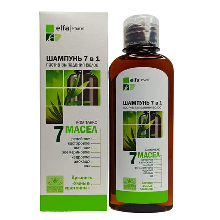Shampoo bottle and packaging with 'elfa Pharm' branding on a white background