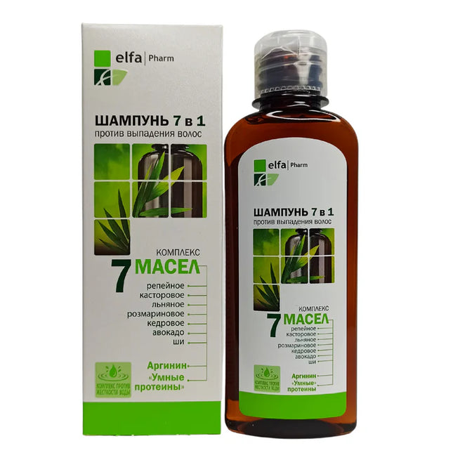 Shampoo bottle and packaging with 'elfa Pharm' branding on a white background