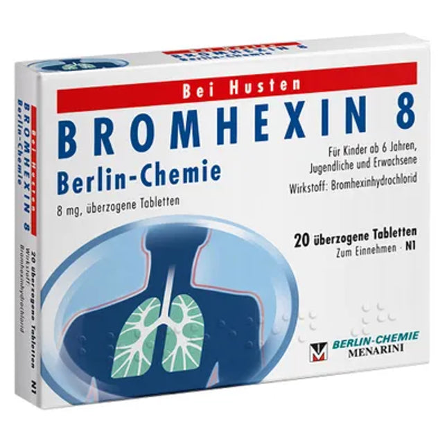 Bromhexin 8 medication box with lung illustration on a white background