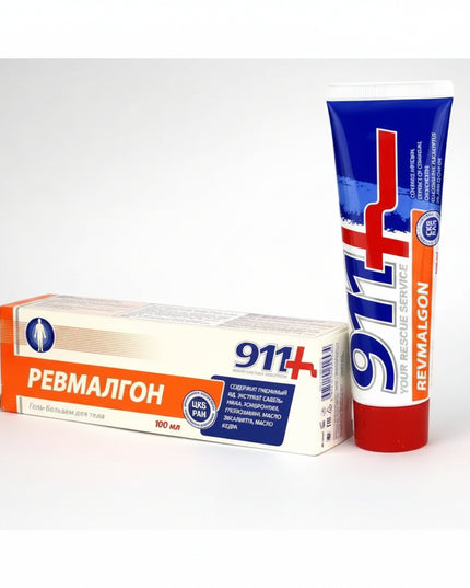 911 Revmalgon Gel-Balm (911 Ревмалгон гель-бальзам) is a warming topical body gel designed for massage and supportive care of muscles, joints, back, lower back, knees, elbows, and hands.

The formula combines chondroitin sulfate, glucosamine hydrochloride, bee venom, cinquefoil extract, camphor, allantoin, methyl nicotinate, and a blend of warming and aromatic botanical oils including capsicum, fir, eucalyptus, juniper, and cedar oils.

Its warming massage action makes it part
