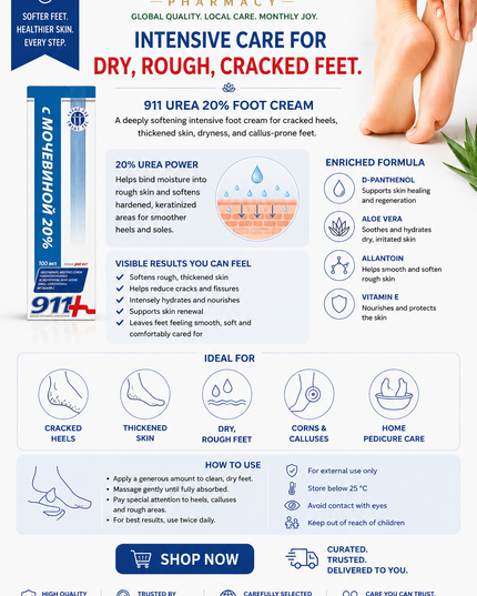 911 Urea 20% Foot Cream, 100 ml Intensive Foot Cream with 20% Urea for Cracked Heels, Calluses & Rough Skin