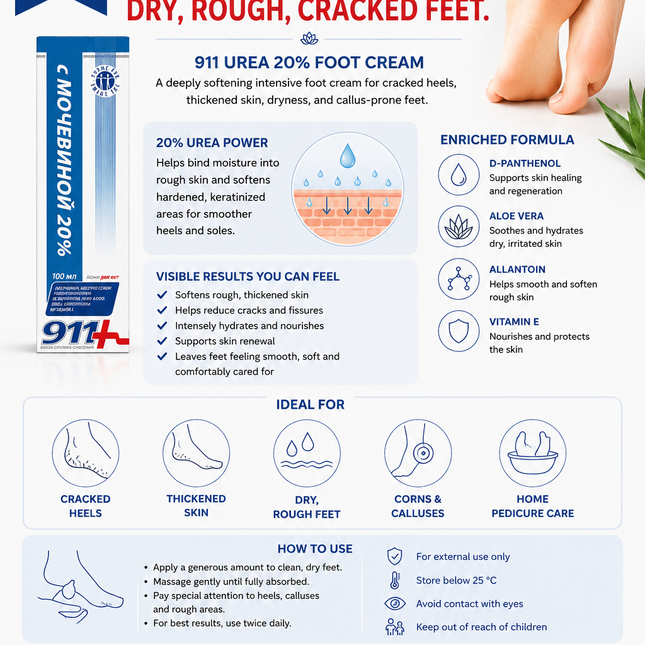 911 Urea 20% Foot Cream, 100 ml Intensive Foot Cream with 20% Urea for Cracked Heels, Calluses & Rough Skin