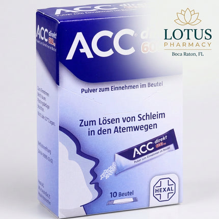 ACC Direkt 600 mg is a German mucolytic medicine containing acetylcysteine 600 mg per sachet. It is used to loosen thick mucus in the respiratory tract and make it easier to cough up in respiratory conditions associated with viscous secretions. It is intended for adults and adolescents 14 years and older.

Unlike effervescent ACC products, ACC Direkt is taken directly on the tongue without water. The blackberry-flavored powder stimulates saliva and can then be swallowed easily. Each sachet contains 1.6 g of