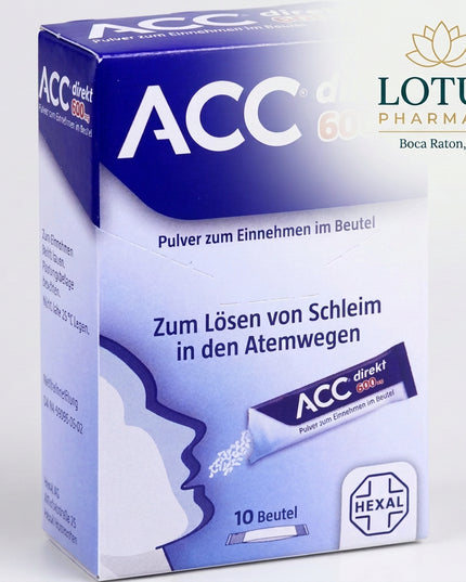 ACC Direkt 600 mg is a German mucolytic medicine containing acetylcysteine 600 mg per sachet. It is used to loosen thick mucus in the respiratory tract and make it easier to cough up in respiratory conditions associated with viscous secretions. It is intended for adults and adolescents 14 years and older.

Unlike effervescent ACC products, ACC Direkt is taken directly on the tongue without water. The blackberry-flavored powder stimulates saliva and can then be swallowed easily. Each sachet contains 1.6 g of