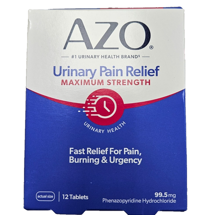 AZO® Urinary Pain Relief Maximum Strength is an over-the-counter urinary tract analgesic formulated for fast, temporary relief of urinary pain, burning, urgency, and frequency associated with urinary tract infections (UTIs).

Each tablet contains 99.5 mg Phenazopyridine Hydrochloride, a urinary tract analgesic that acts directly in the urinary tract to relieve discomfort. The manufacturer states that relief may begin in as little as 20 minutes.

This 12-tablet package provides the maximum recommended 2-day 