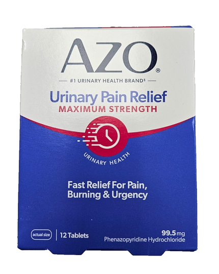 AZO® Urinary Pain Relief Maximum Strength is an over-the-counter urinary tract analgesic formulated for fast, temporary relief of urinary pain, burning, urgency, and frequency associated with urinary tract infections (UTIs).

Each tablet contains 99.5 mg Phenazopyridine Hydrochloride, a urinary tract analgesic that acts directly in the urinary tract to relieve discomfort. The manufacturer states that relief may begin in as little as 20 minutes.

This 12-tablet package provides the maximum recommended 2-day 