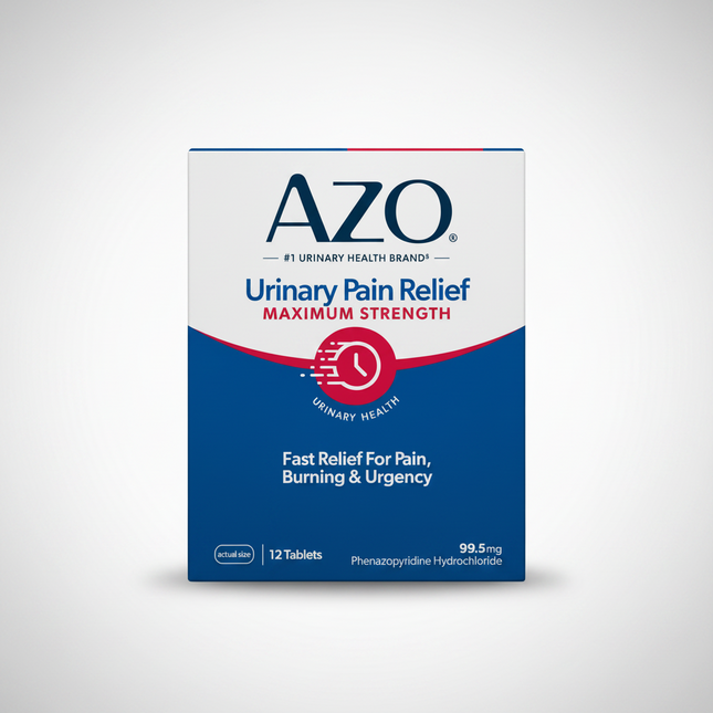 AZO® Urinary Pain Relief Maximum Strength is an over-the-counter urinary tract analgesic formulated for fast, temporary relief of urinary pain, burning, urgency, and frequency associated with urinary tract infections (UTIs).

Each tablet contains 99.5 mg Phenazopyridine Hydrochloride, a urinary tract analgesic that acts directly in the urinary tract to relieve discomfort. The manufacturer states that relief may begin in as little as 20 minutes.

This 12-tablet package provides the maximum recommended 2-day 