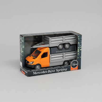 A detailed miniature&nbsp;Mercedes-Benz Sprinter flatbed truck with trailer, crafted for imaginative play and collectors.
The bright orange construction-style design and smooth-rolling wheels make it perfect for hauling, loading, and transport-themed play.