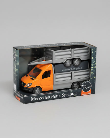 A detailed miniature&nbsp;Mercedes-Benz Sprinter flatbed truck with trailer, crafted for imaginative play and collectors.
The bright orange construction-style design and smooth-rolling wheels make it perfect for hauling, loading, and transport-themed play.