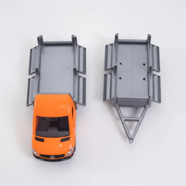 A detailed miniature&nbsp;Mercedes-Benz Sprinter flatbed truck with trailer, crafted for imaginative play and collectors.
The bright orange construction-style design and smooth-rolling wheels make it perfect for hauling, loading, and transport-themed play.