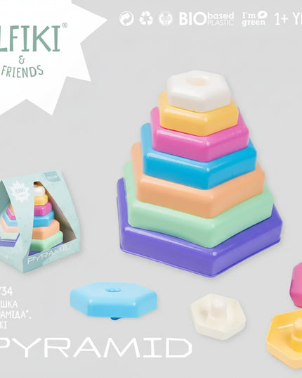 A timeless Montessori classic with a modern ELFIKI touch.
This bright stacking pyramid helps little ones explore colors, sizes, balance, and coordination in a fun and gentle way.